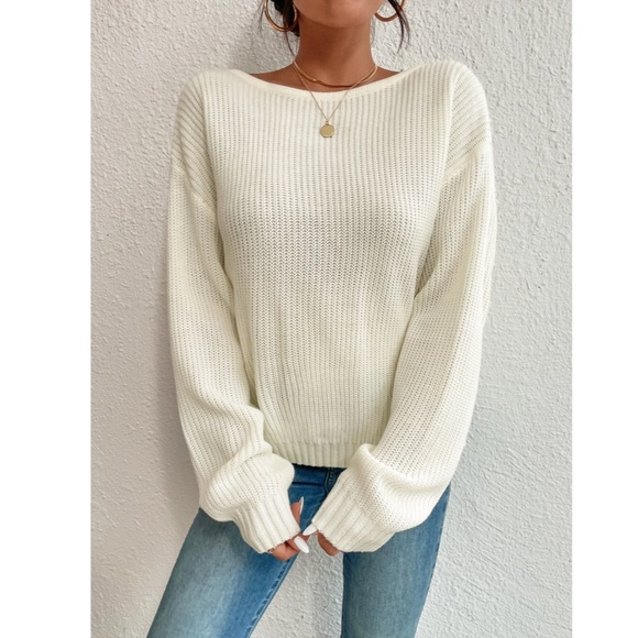 Off White Backless Pearl Detail Oversized Knit Sweater Twisted Back Long Sleeve - Picture 5 of 7